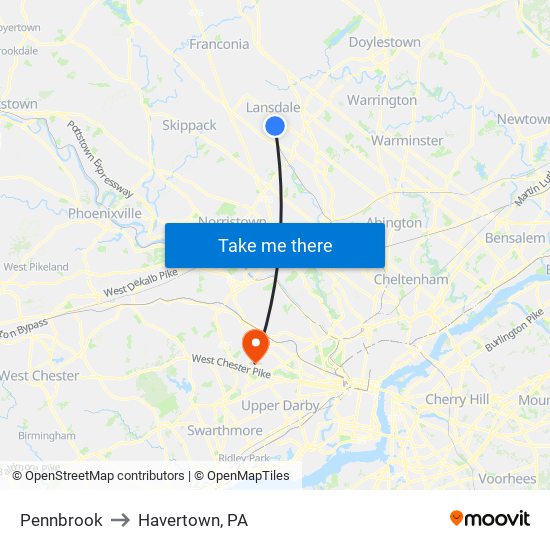 Pennbrook to Havertown, PA map