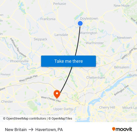 New Britain to Havertown, PA map