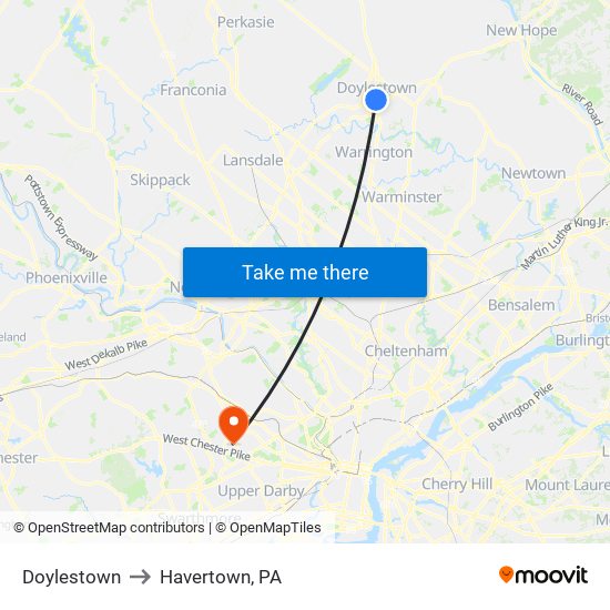 Doylestown to Havertown, PA map