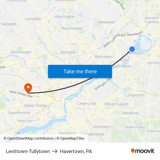 Levittown-Tullytown to Havertown, PA map