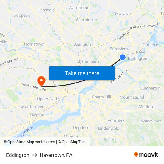 Eddington to Havertown, PA map