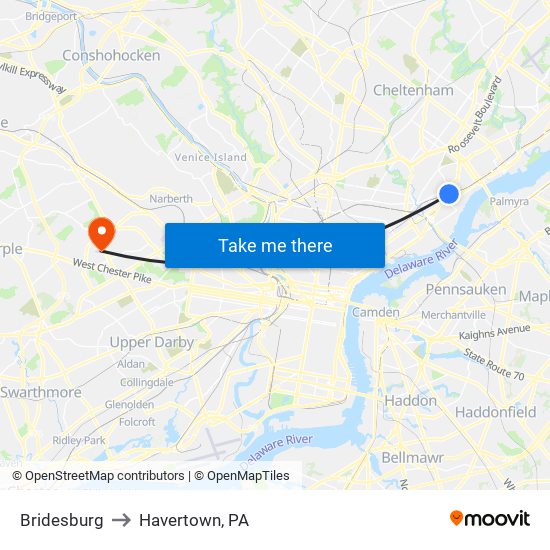 Bridesburg to Havertown, PA map