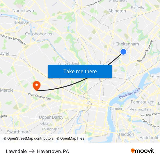 Lawndale to Havertown, PA map