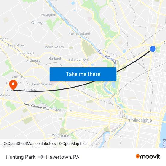 Hunting Park to Havertown, PA map