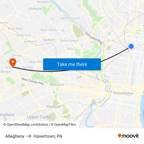 Allegheny to Havertown, PA map