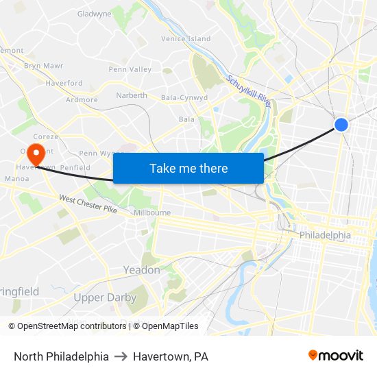 North Philadelphia to Havertown, PA map