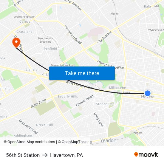 56th St Station to Havertown, PA map