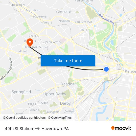 40th St Station to Havertown, PA map