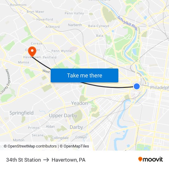 34th St Station to Havertown, PA map