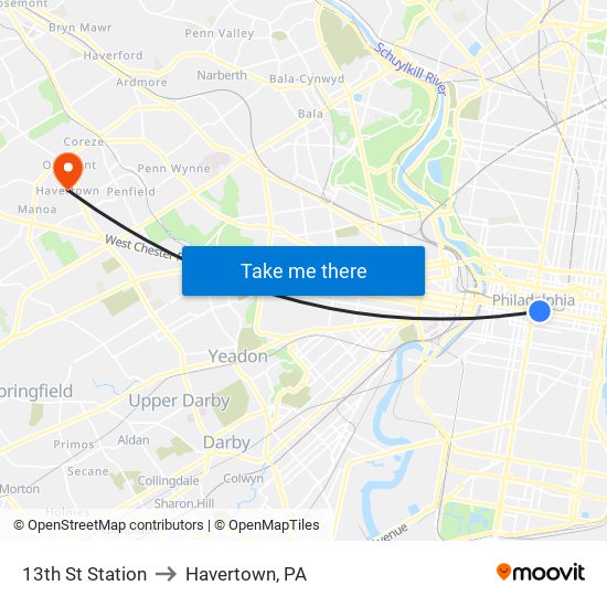 13th St Station to Havertown, PA map