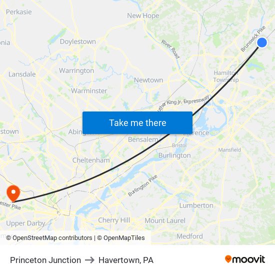 Princeton Junction to Havertown, PA map