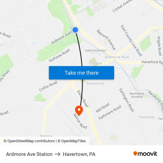 Ardmore Ave Station to Havertown, PA map