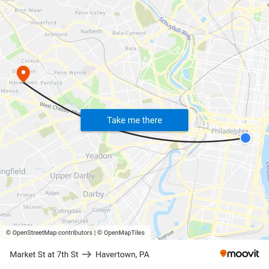 Market St at 7th St to Havertown, PA map