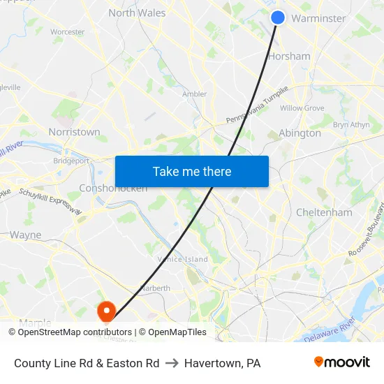 County Line Rd & Easton Rd to Havertown, PA map