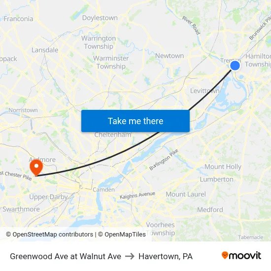 Greenwood Ave at Walnut Ave to Havertown, PA map