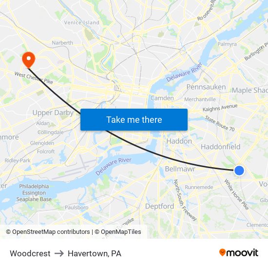 Woodcrest to Havertown, PA map