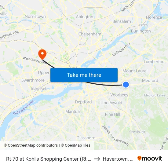 Rt-70 at Kohl's Shopping Center (Rt 73) to Havertown, PA map