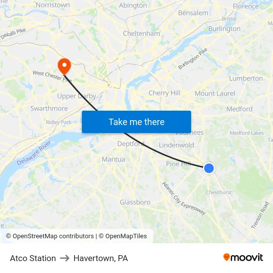 Atco Station to Havertown, PA map