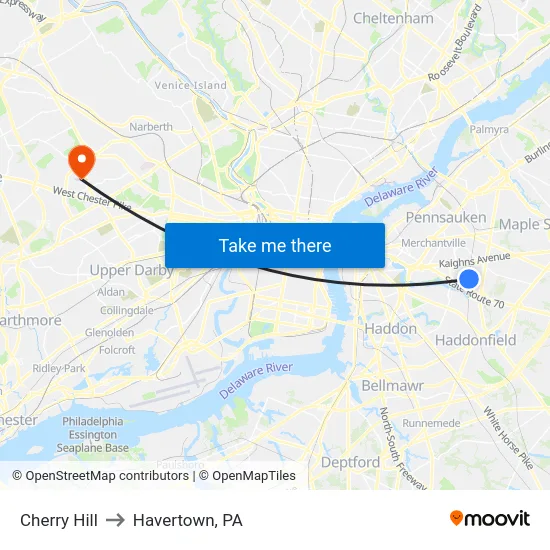 Cherry Hill to Havertown, PA map