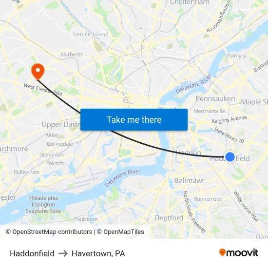 Haddonfield to Havertown, PA map