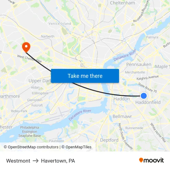 Westmont to Havertown, PA map