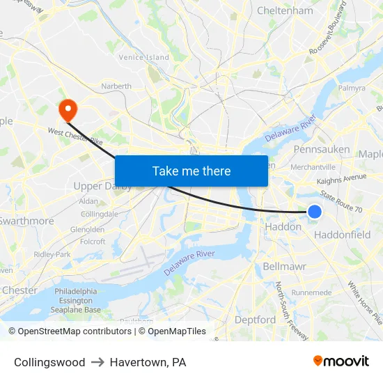 Collingswood to Havertown, PA map