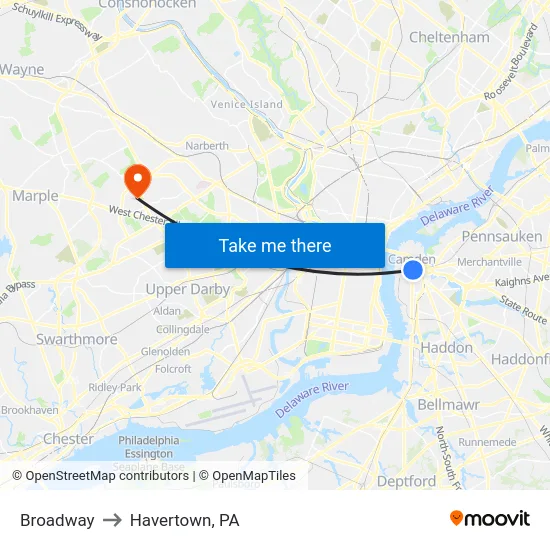 Broadway to Havertown, PA map