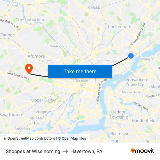 Shoppes at Wissinoming to Havertown, PA map
