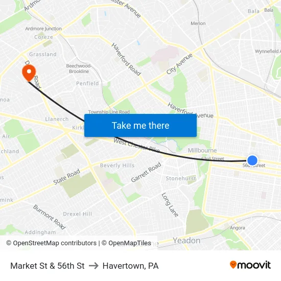 Market St & 56th St to Havertown, PA map