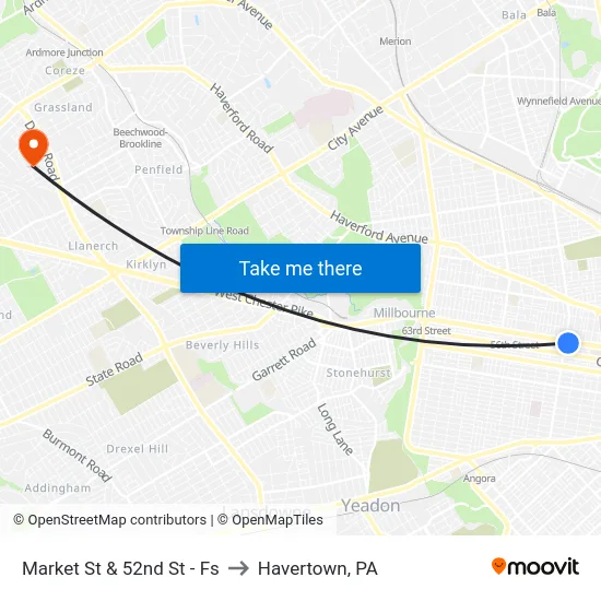 Market St & 52nd St - Fs to Havertown, PA map