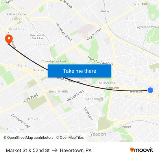 Market St & 52nd St to Havertown, PA map