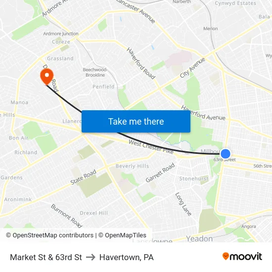 Market St & 63rd St to Havertown, PA map