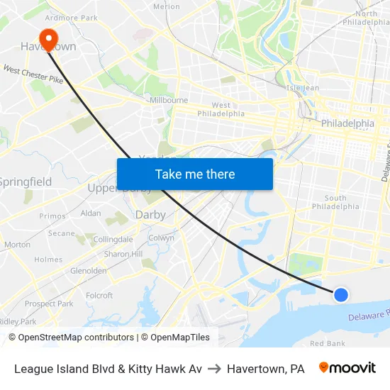 League Island Blvd & Kitty Hawk Av to Havertown, PA map