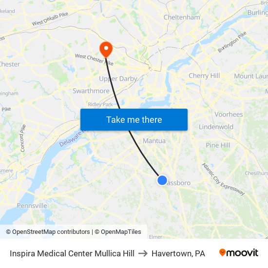 Inspira Medical Center Mullica Hill to Havertown, PA map