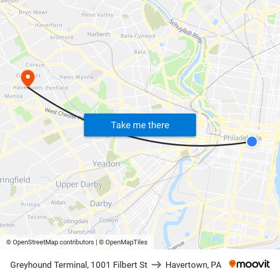 Greyhound Terminal, 1001 Filbert St to Havertown, PA map