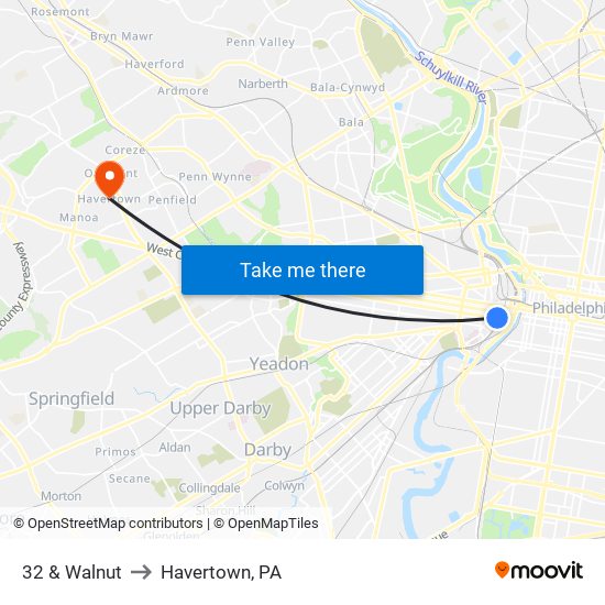 32 & Walnut to Havertown, PA map