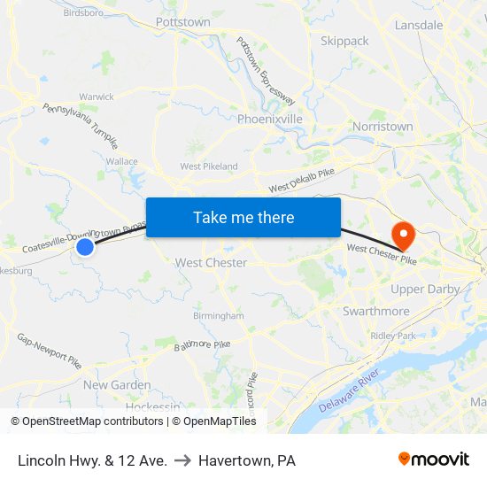 Lincoln Hwy. & 12 Ave. to Havertown, PA map