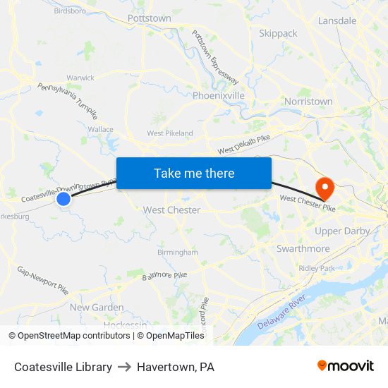 Coatesville Library to Havertown, PA map