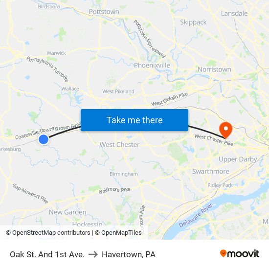 Oak St. And 1st Ave. to Havertown, PA map