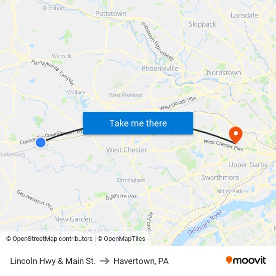 Lincoln Hwy & Main St. to Havertown, PA map