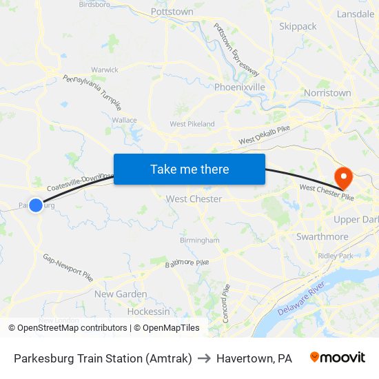 Parkesburg Train Station (Amtrak) to Havertown, PA map