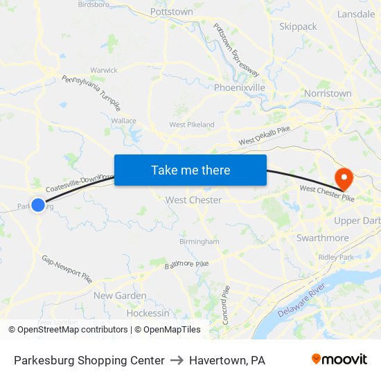 Parkesburg Shopping Center to Havertown, PA map