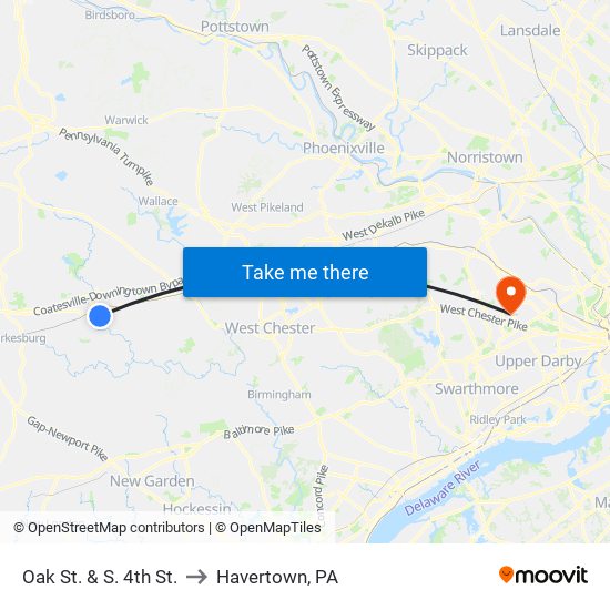Oak St. & S. 4th St. to Havertown, PA map