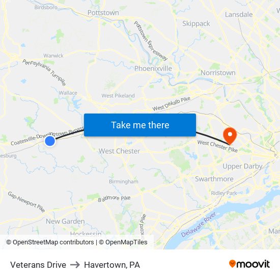 Veterans Drive to Havertown, PA map