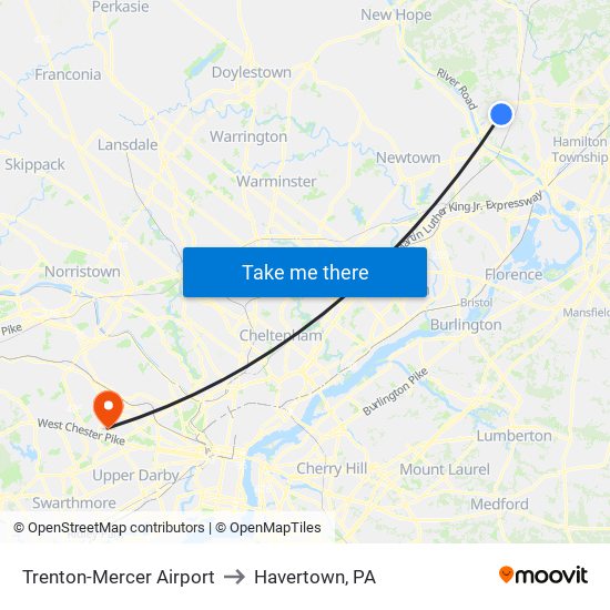 Trenton-Mercer Airport to Havertown, PA map