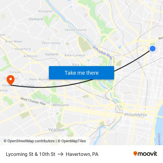 Lycoming St & 10th St to Havertown, PA map