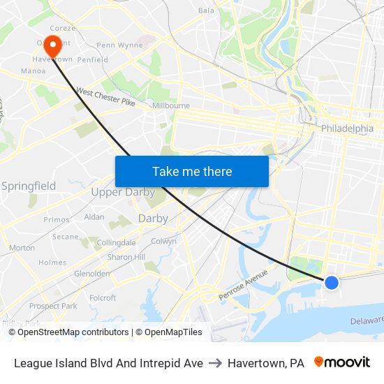 League Island Blvd And Intrepid Ave to Havertown, PA map