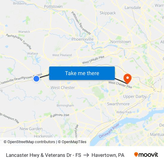 Lancaster Hwy & Veterans Dr - FS to Havertown, PA map