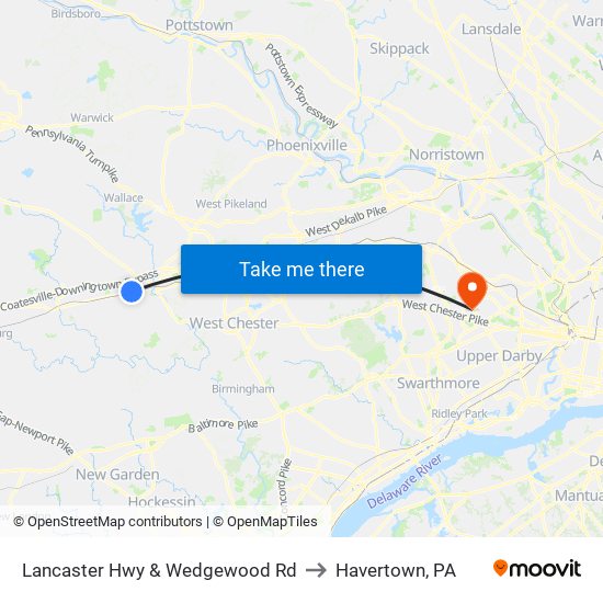 Lancaster Hwy & Wedgewood Rd to Havertown, PA map