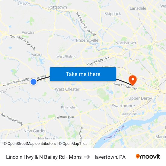 Lincoln Hwy & N Bailey Rd - Mbns to Havertown, PA map